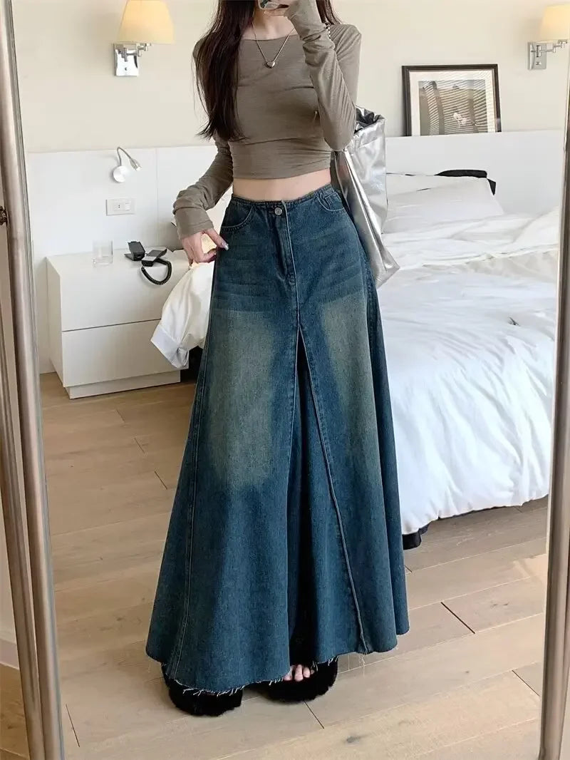 Vintage Washing Denim Skirt Women'S High-Waisted Slimming A- Line Long Dress Patchwork Style Spring Season 2024 New Arrival