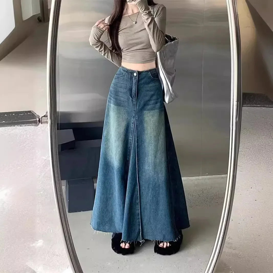Vintage Washing Denim Skirt Women'S High-Waisted Slimming A- Line Long Dress Patchwork Style Spring Season 2024 New Arrival