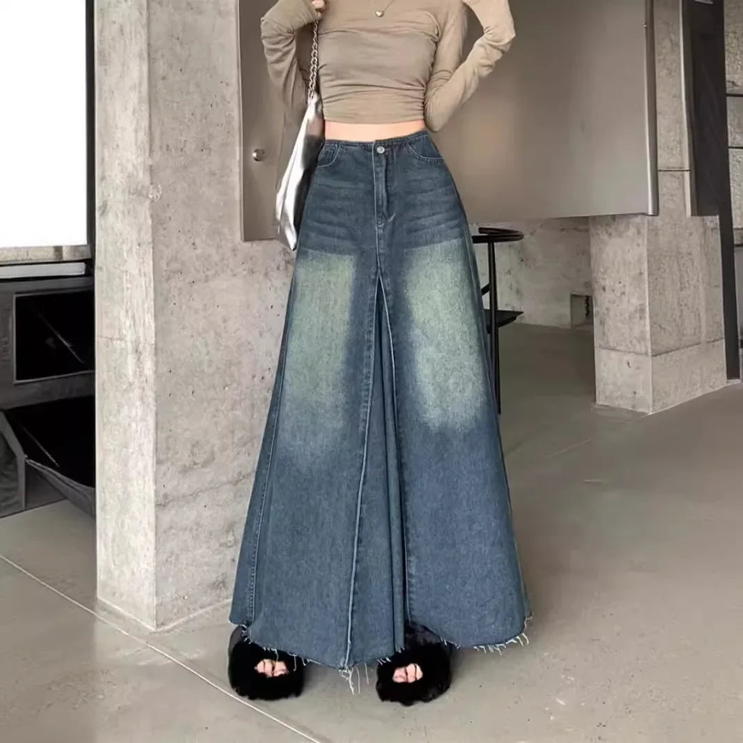 Vintage Washing Denim Skirt Women'S High-Waisted Slimming A- Line Long Dress Patchwork Style Spring Season 2024 New Arrival
