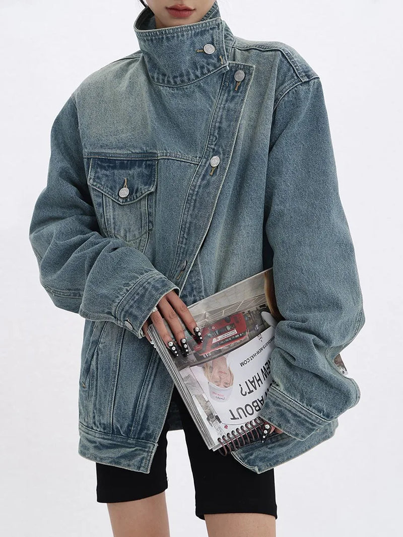 Women'S Denim Coat Turtleneck Single Breasted Full Sleeve Patchwork Versatile Jacke Fashion Autumn Streetwear Denim Overcoat