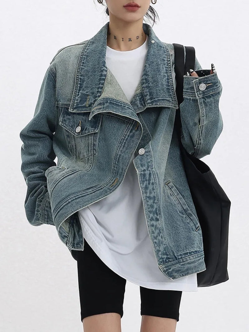 Women'S Denim Coat Turtleneck Single Breasted Full Sleeve Patchwork Versatile Jacke Fashion Autumn Streetwear Denim Overcoat