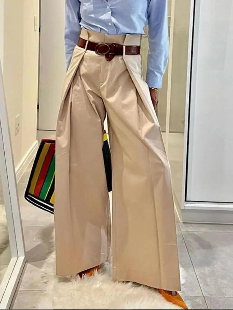 Freeacy Urban Women'S Pants Solid Apricot High Waist Wide Leg Trousers 2024 Spring and Summer Female Casual Streetwear Bottoms