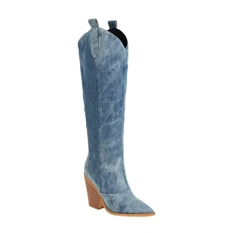 2024 FW Women's Denim Western Knee-High Cowboy Boots - High Heel Slip-On Footwear in Size 43"