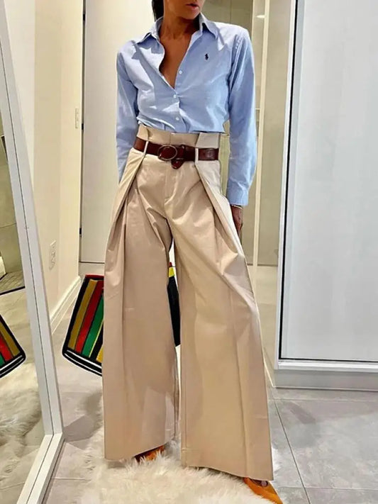 Freeacy Urban Women'S Pants Solid Apricot High Waist Wide Leg Trousers 2024 Spring and Summer Female Casual Streetwear Bottoms