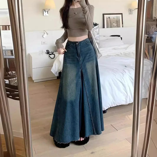 Vintage Washing Denim Skirt Women'S High-Waisted Slimming A- Line Long Dress Patchwork Style Spring Season 2024 New Arrival