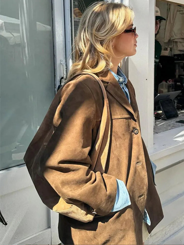 Vintage Brown Suede Leather Blazer Jackets for Women Fashion Lapel Single Breasted Pockets Crop Coats 2024 Lady Autumn Outerwear