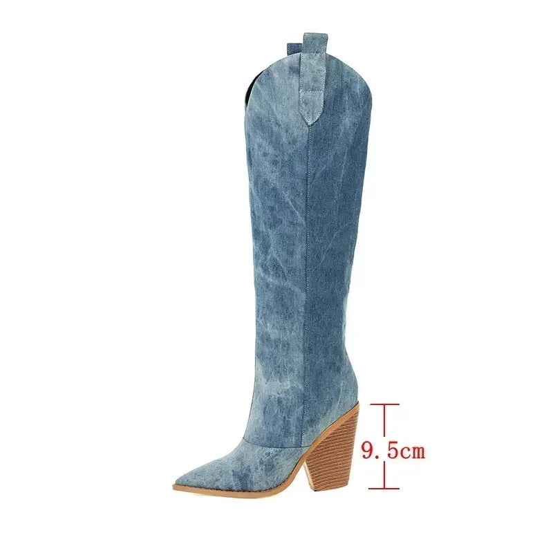 2024 FW Women's Denim Western Knee-High Cowboy Boots - High Heel Slip-On Footwear in Size 43"