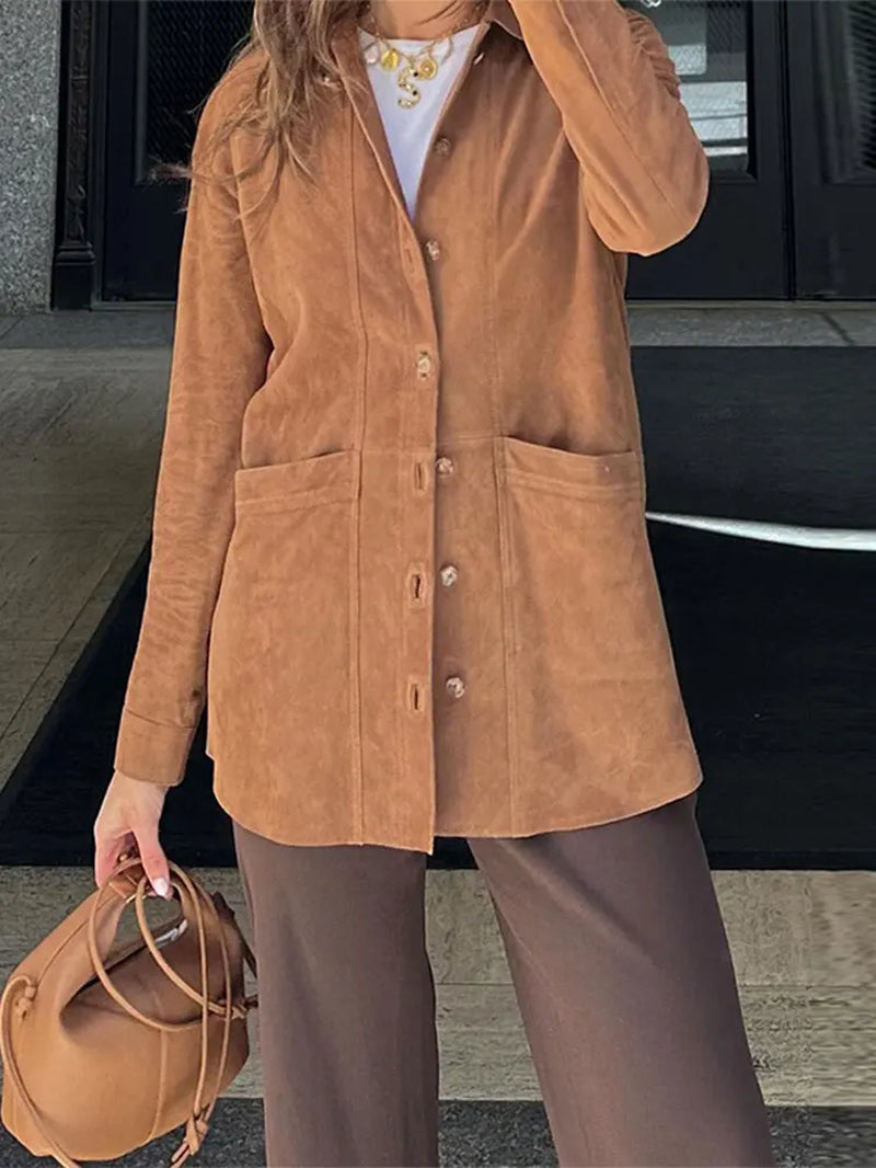 Vintage Brown Suede Leather Blazer Jackets for Women Fashion Lapel Single Breasted Pockets Crop Coats 2024 Lady Autumn Outerwear